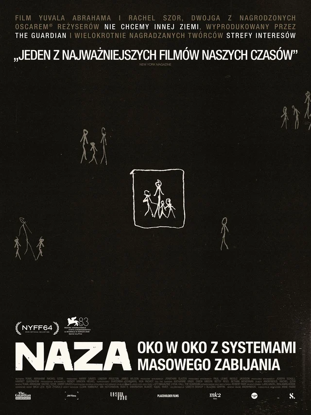 plakat. na czarnym tle małe rysunki białą kreską, przedstawiające uproszczone sylwetki ludzi
